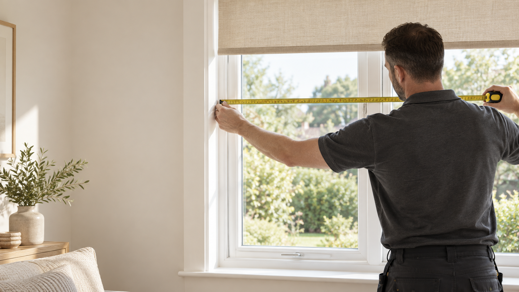 Deco Blinds specialist measuring a window at home